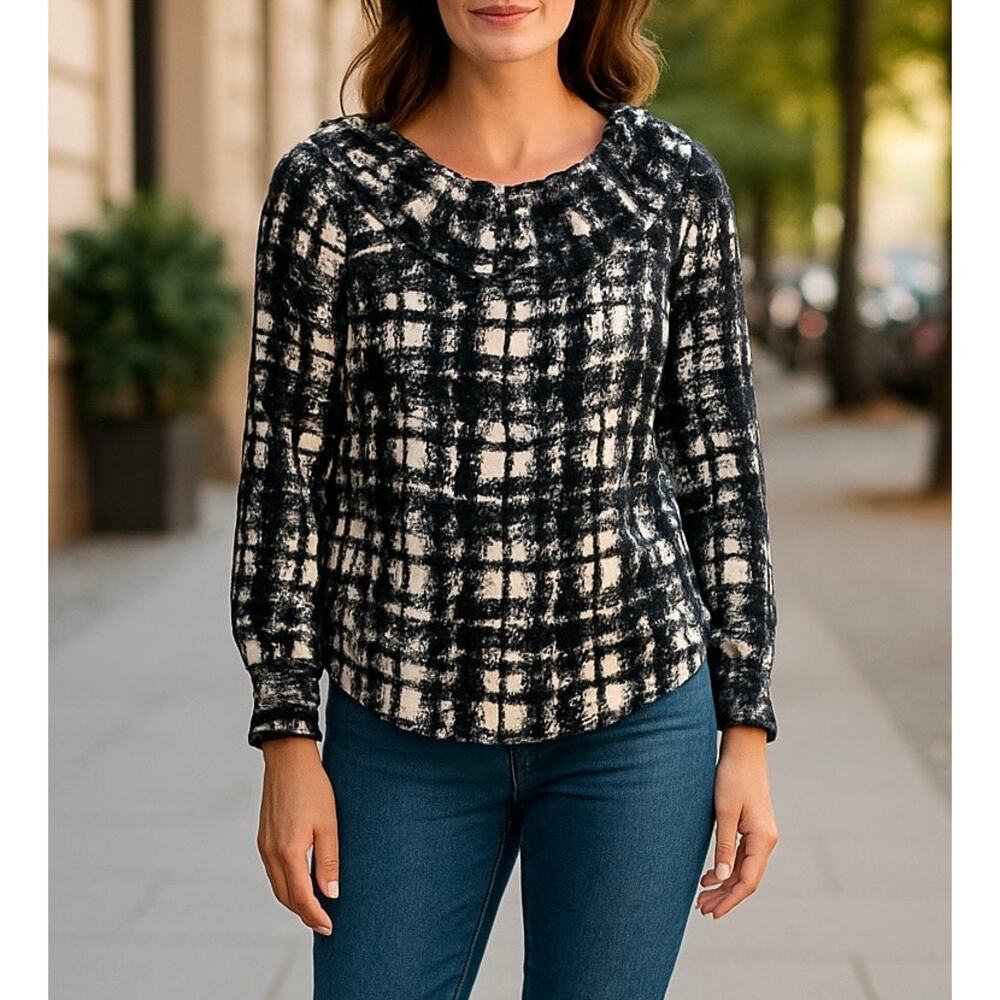 J. Crew Collection Silk Twill Ruffle Neck Collar Blouse Plaid Top Size XXS